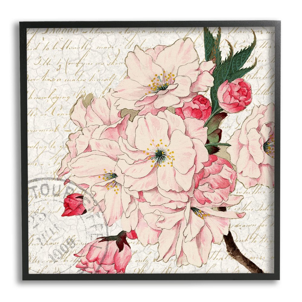 Stupell Industries Vintage Pink Floral Arrangement Ornate Script Stamp, Design by Kim Allen