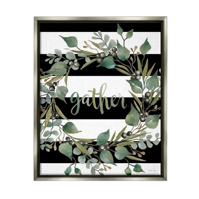 Stupell Industries Gather Calligraphy Stripes Pattern Wreath Botanicals Leaves, Design by Cindy Jacobs