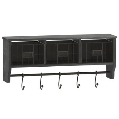 Flash Furniture Daly Wall Mounted Storage Rack - Blackwashed Solid Pine Wood - 24 Inch - Upper Shelf - 5 Hooks - Wire Baskets - For Entryway, Kitchen, Bathroom