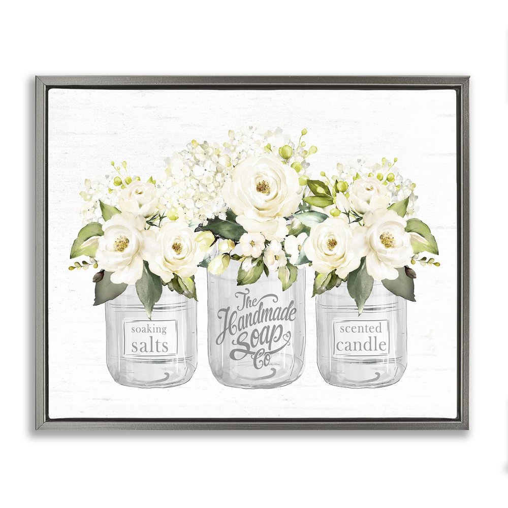 Stupell Industries 'White Roses Blooming Country Rustic Candle Jars ', Floating Frame Canvas Art, Gray, 31 x 25 Inches, Easy to Hang and Sturdy, Made in USA, by Lettered and Lined