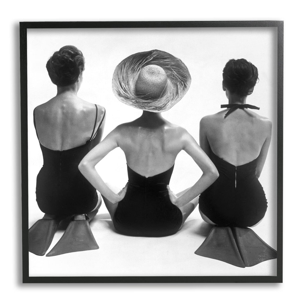 Stupell Industries Women Sitting Beach Monochrome Vintage Swimsuits Flippers, Design by Graffitee Studios