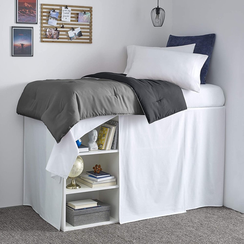 Dainty Homes : Dorm Room Bed Skirt 600 T C with 100% Cotton College 2 Pcs. Dorm Panel Dust Bed Skirt-Extra Long,with Pillowcase (Twin XL/32 Drop) Solid White