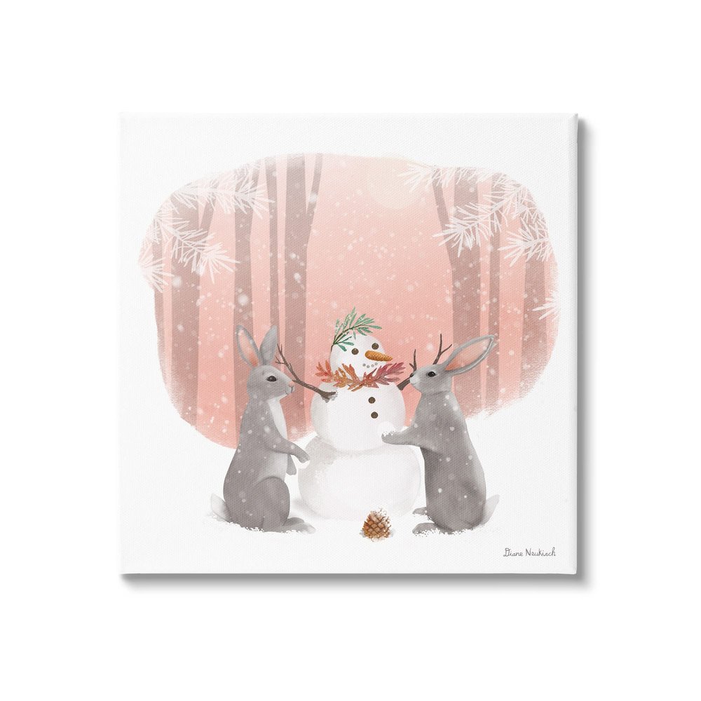 Stupell Industries Winter Rabbits Building Snowman Snowy Forest Scene, Design by Diane Neukirch