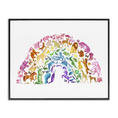 Stupell Industries 'Mixed Rainbow Animals Wildlife Arched Rainbow Shape ', Framed Giclee Art, Black, 20 x 16 Inches, Easy to Hang and Sturdy, Made in USA, by Dishique