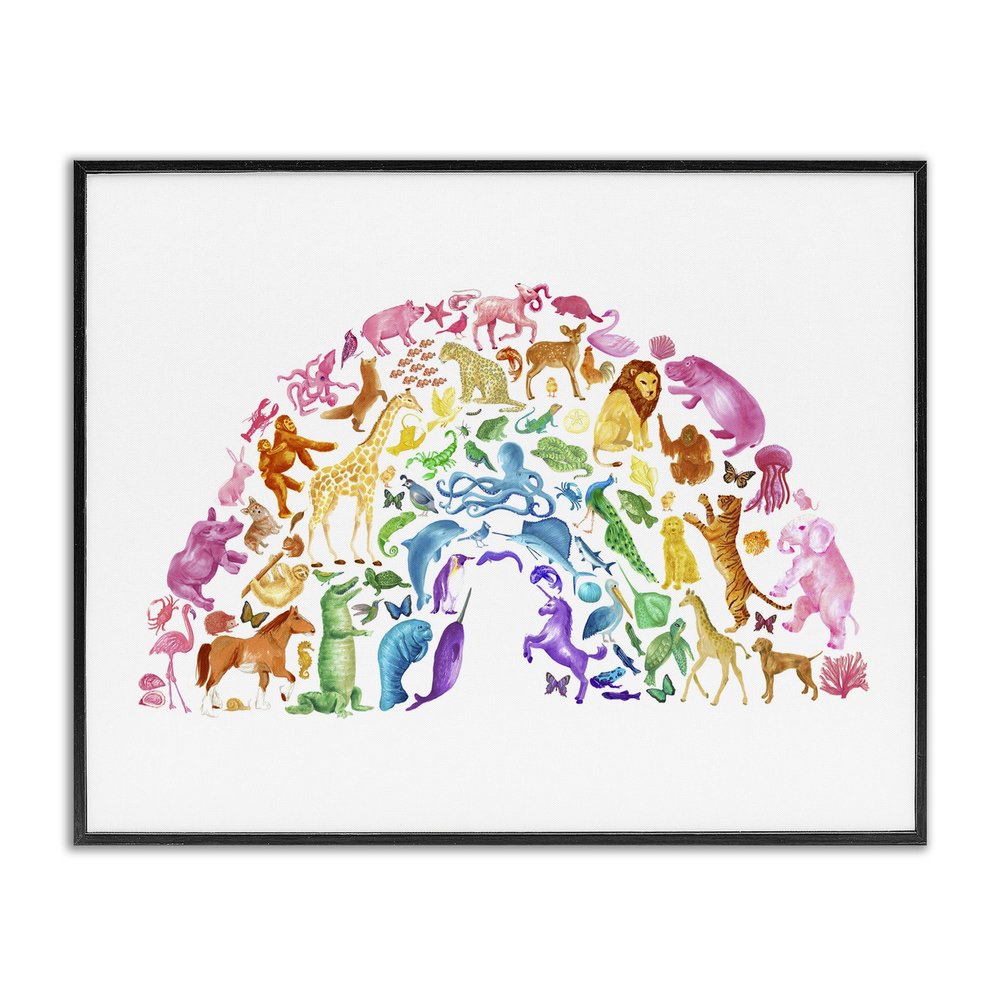 Stupell Industries 'Mixed Rainbow Animals Wildlife Arched Rainbow Shape ', Framed Giclee Art, Black, 20 x 16 Inches, Easy to Hang and Sturdy, Made in USA, by Dishique