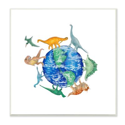 Stupell Industries Various Dinosaurs Circling Planet Earth Globe Illustration, Design by Dishique
