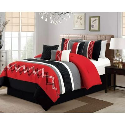 Luxurious King Size 7 Piece Red & Black Comforter | Zigzag Embroidery Beautiful Modern Striped Design with Chevron Pattern | Cozy & Comfy All Season Grey & White Bedding | Elegant Extra Soft Stylish