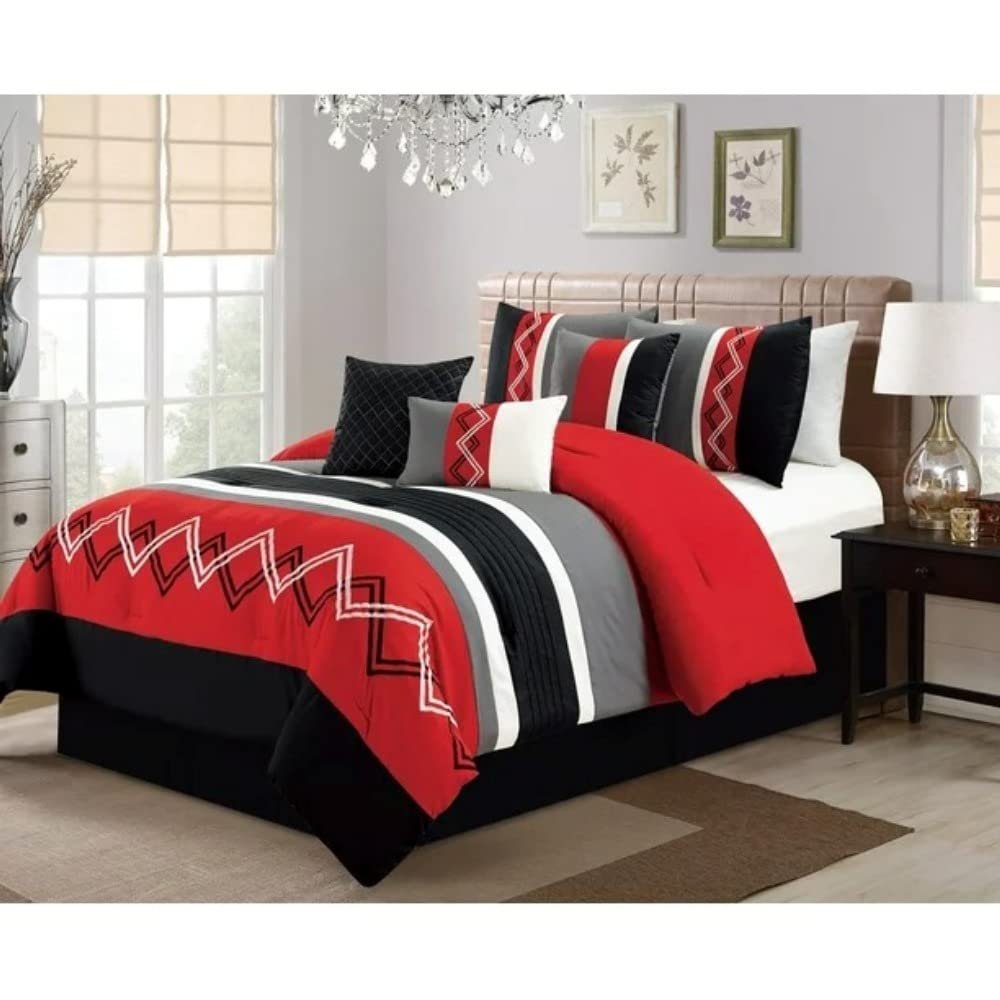 Luxurious King Size 7 Piece Red & Black Comforter | Zigzag Embroidery Beautiful Modern Striped Design with Chevron Pattern | Cozy & Comfy All Season Grey & White Bedding | Elegant Extra Soft Stylish
