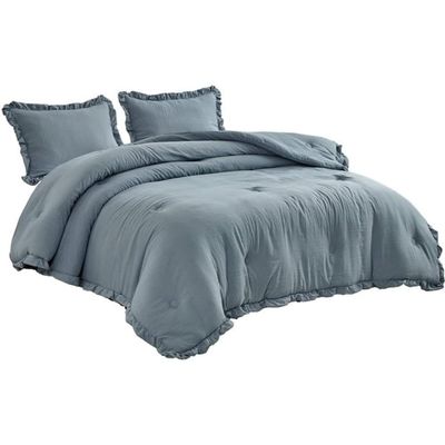 Super Soft 3 Piece Queen Size Dusty Blue Comforter | Sophisticated & Luxurious | Vintage Style Ruffled Edge Trim Border | Elegant Yet Simple All Season Girls Bedding | Lightweight Smooth & Cozy Feel