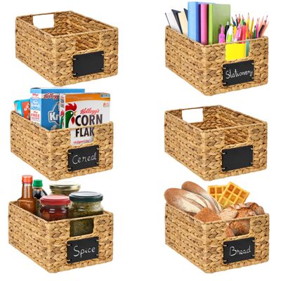 BARIEN 6 Pcs 12" x 9" x 6" Natural Water Hyacinth Woven Storage Baskets, Rectangular Wicker Basket with Built-in Handles, Woven Cube Storage Bin with Chalkboard Label Chalk Marker (Natural - Set of 6)