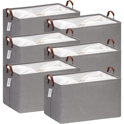 Hinwo 70L Extra Large Storage Bins, 6-Pack Closet Organizers and Storage, Foldable Clothes Storage Baskets with Handles, Containers for Clothing, Blanket, Comforters, Toys, Bedding (Gray)
