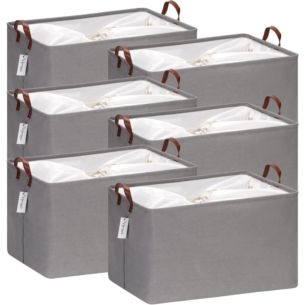 Hinwo 70L Extra Large Storage Bins, 6-Pack Closet Organizers and Storage, Foldable Clothes Storage Baskets with Handles, Containers for Clothing, Blanket, Comforters, Toys, Bedding (Gray)