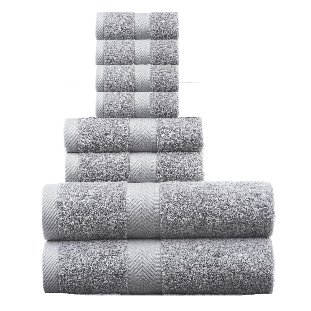 BY LORA Natural Terry Cotton Towels Sets, Bath Towels, Hand Towels and Washcloth Set - Silver, Set of 8