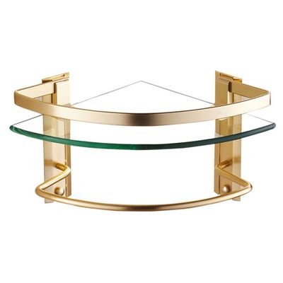Corner Bathroom Shelf with Towel Holder Rustproof 24cm Tempered Glass Corner Shelf with Rail, Black/Gold/Silver Finish (Color : Gold)