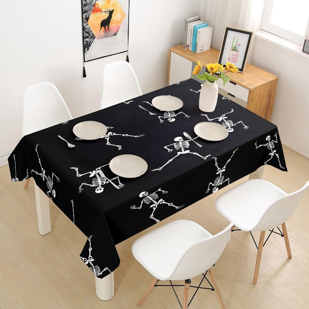 Erosebridal Sugar Skull Tablecloths Funny Skeleton Halloween Decorations,Cartoon Gothic Spooky Bone Table Cover Round 55",Black and White Table Clothes Horror Sci-Fi Halloween Decor