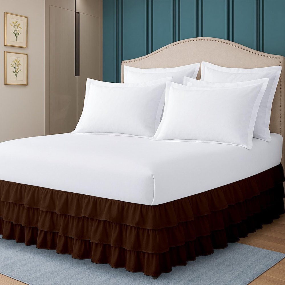 Queen Bed Skirt Multi Ruffled Chocolate Bedskirt with 16" Drop Hotel-Quality Dust Ruffle for Easy Fitting Brushed Fabric (Chocolate, Queen Size)