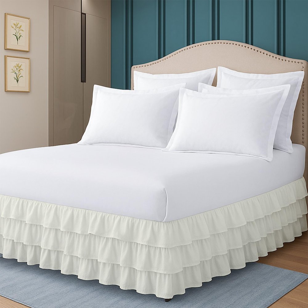 Full Bed Skirt Multi Ruffled Ivory Bedskirt with 16" Drop Hotel-Quality Dust Ruffle for Easy Fitting Brushed Fabric (Ivory, Full Size)