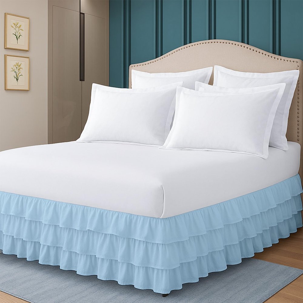 Twin Bed Skirt Multi Ruffled Light Blue Bedskirt with 16" Drop Hotel-Quality Dust Ruffle for Easy Fitting Brushed Fabric (Light Blue, Twin Size)