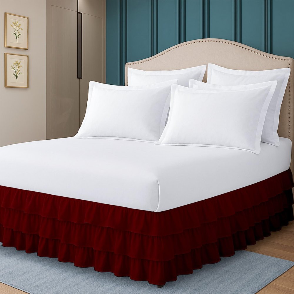 Twin Bed Skirt Multi Ruffled Burgundy Bedskirt with 16" Drop Hotel-Quality Dust Ruffle for Easy Fitting Brushed Fabric (Burgundy, Twin Size)
