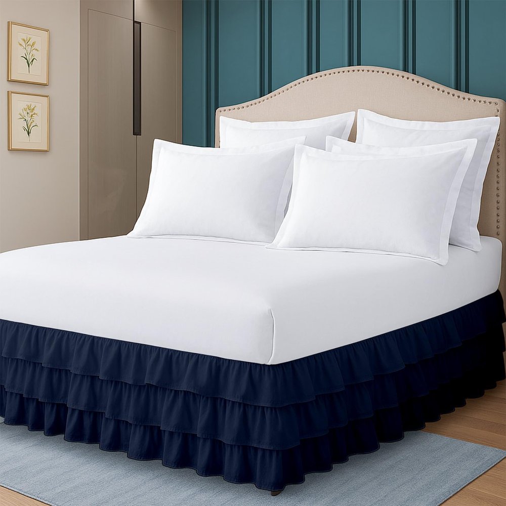 Full Bed Skirt Multi Ruffled Navy Blue Bedskirt with 12" Drop Hotel-Quality Dust Ruffle for Easy Fitting Brushed Fabric (Navy Blue, Full Size)