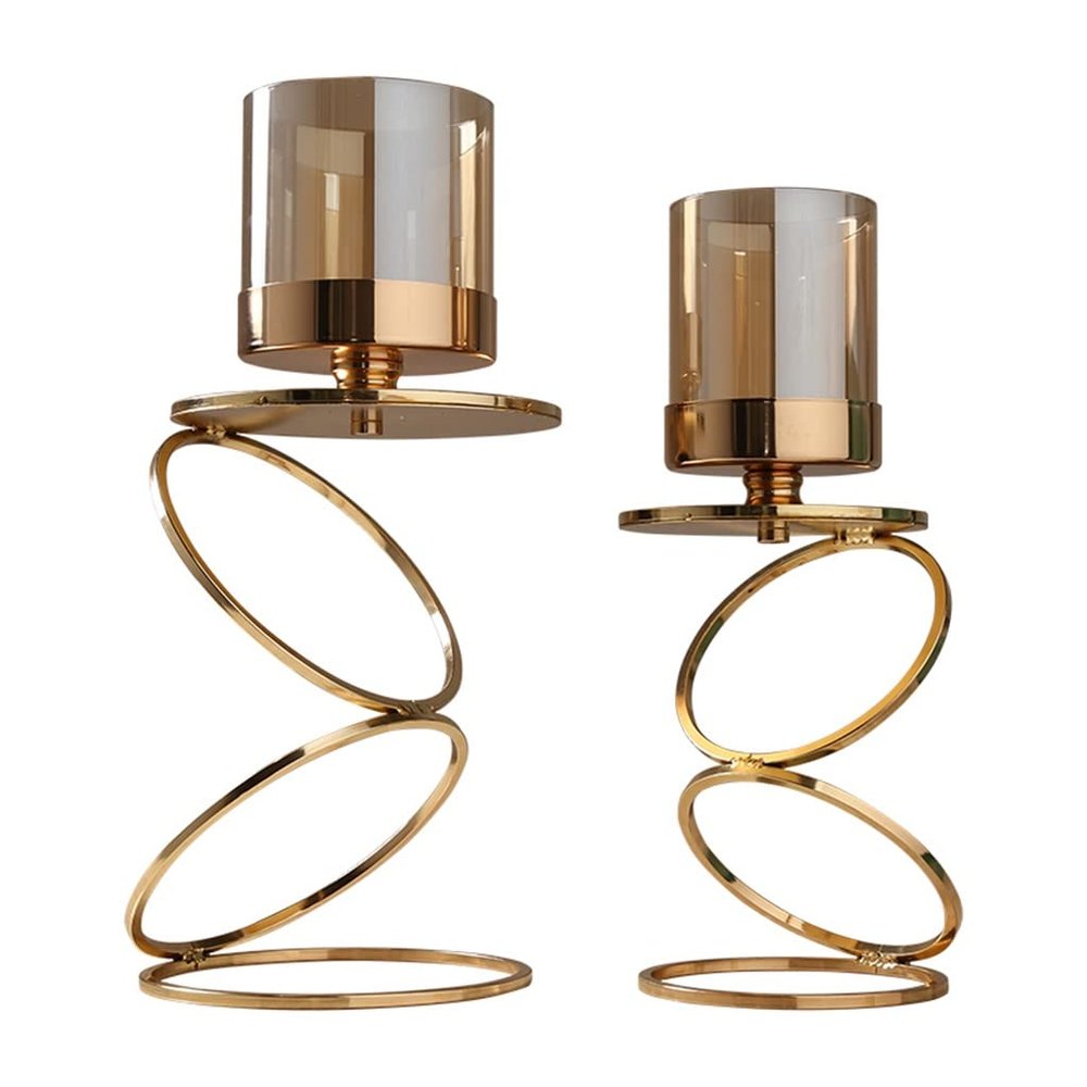Candle Holder 2-Piece Stainless Steel Light Luxury Candle Holder, Brown Crystal Glass Cover, Suitable for Home Decoration, Wedding, Birthday Party