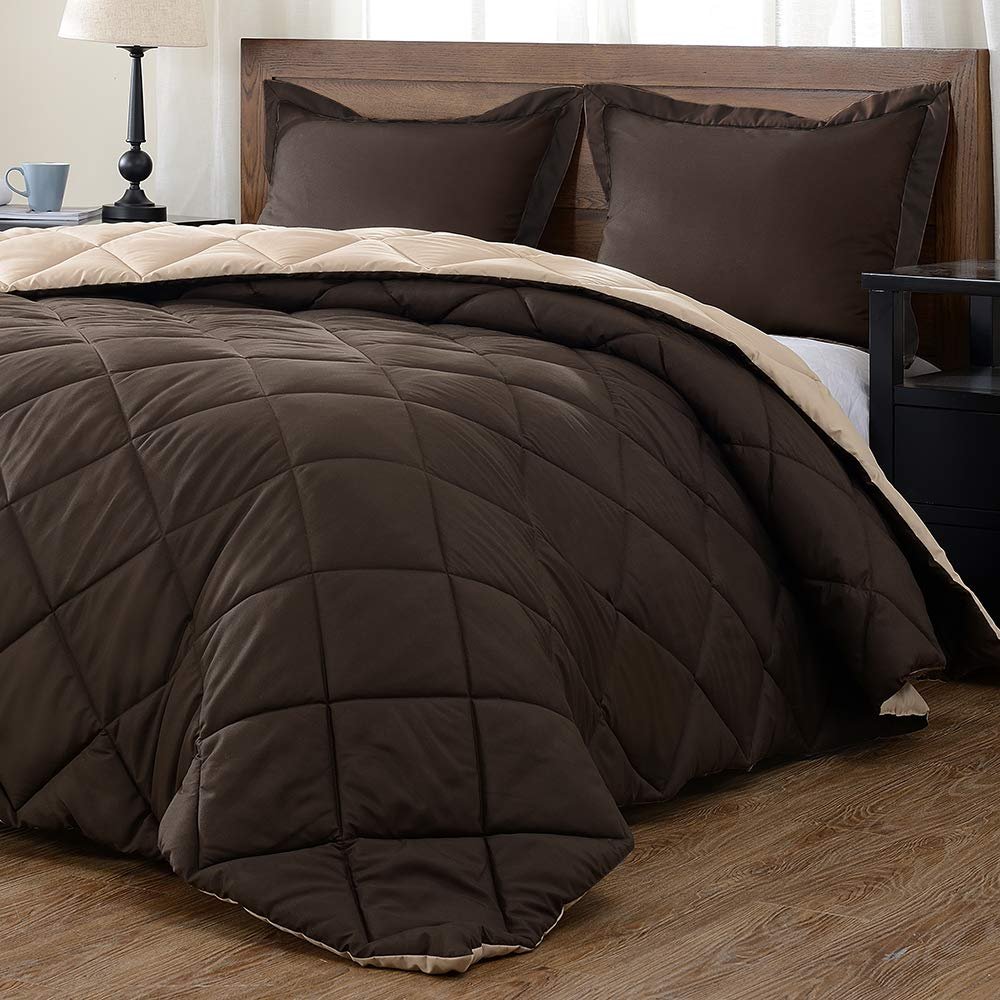 Bedding Castle Reversible Down Alternative 5 Pcs Comforter Set (Spanish Brown/Chatham Tan, Super King (100'' x 112'') 5 Pcs) 1 Comforter with 4 Pillowcase Soft Cotton 1000 Tc