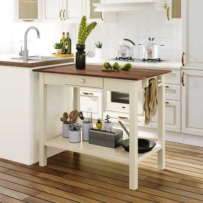 MNSSRN Open Kitchen Island, Removable Cutlery Trolley, Cozy Dining Table Extension, Rubberwood Dining Table with Drawers Small Place Towel Rail