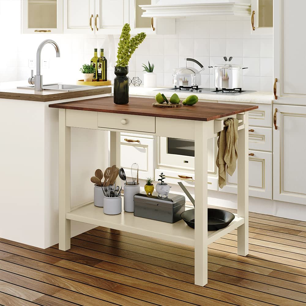MNSSRN Open Kitchen Island, Removable Cutlery Trolley, Cozy Dining Table Extension, Rubberwood Dining Table with Drawers Small Place Towel Rail