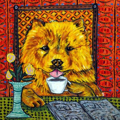 Chow Chow at the Coffee Shop Picture Dog Art coaster tile Gift