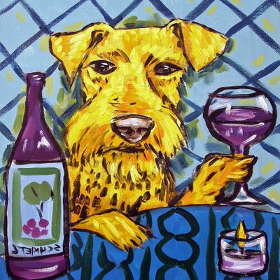 Airedale Terrier art, wine dog, coaster tile, ceramic, gift, pet, animal, home kitchen, decor