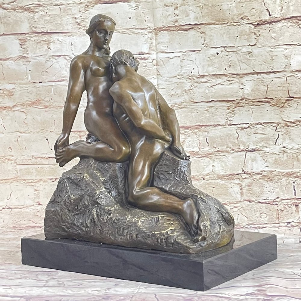 EUROPEAN BRONZE Eternal Idol by Rodin - 100% Bronze Sculpture on Marble Base - Nude Romance Love Artwork