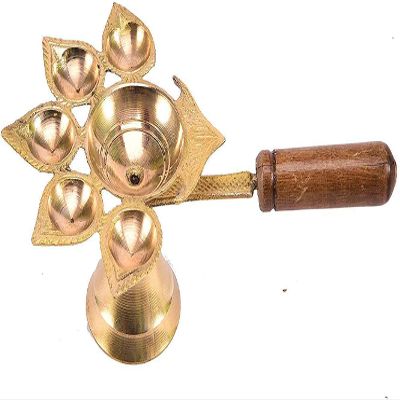 Anjali Enterprises Brass Wooden Panch Arti Diya Pach Aarti Deepak with Wooden Handle Diya Stand for Temple Pooja Diya arti (Pack of 1)