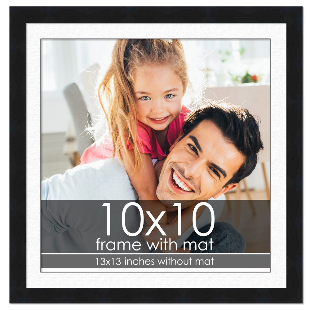 10x10 Frame with Mat - Black 13x13 Frame Wood Made to Display Print or Poster Measuring 10 x 10 Inches with White Photo Mat