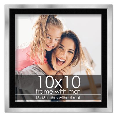 10x10 Frame with Mat - Silver 13x13 Frame Wood Made to Display Print or Poster Measuring 10 x 10 Inches with Black Photo Mat
