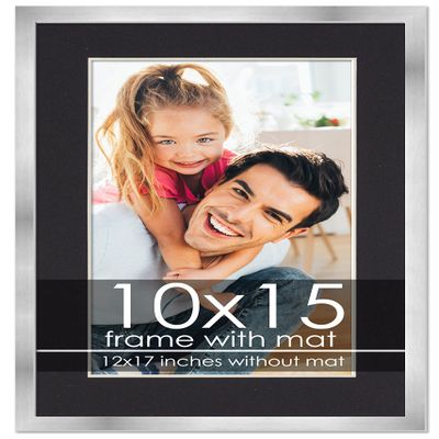 10x15 Frame with Mat - Silver 12x17 Frame Wood Made to Display Print or Poster Measuring 10 x 15 Inches with Black Photo Mat