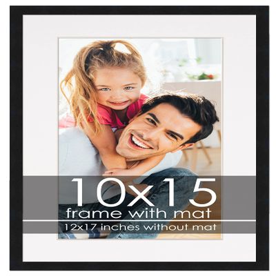 10x15 Frame with Mat - Black 12x17 Frame Wood Made to Display Print or Poster Measuring 10 x 15 Inches with White Photo Mat