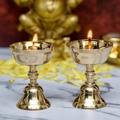Anjali Enterprises Decor Brass Akhand Jyothi | Pyali Stand | Nanda Table Diya, 3.2 inches Big, Brass, Pack of 2 pcs