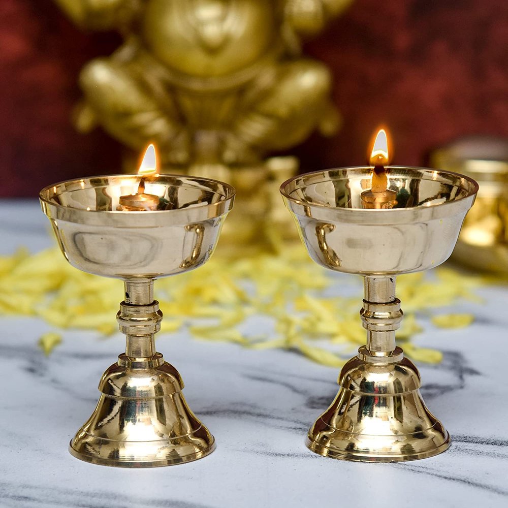 Anjali Enterprises Decor Brass Akhand Jyothi | Pyali Stand | Nanda Table Diya, 3.2 inches Big, Brass, Pack of 2 pcs