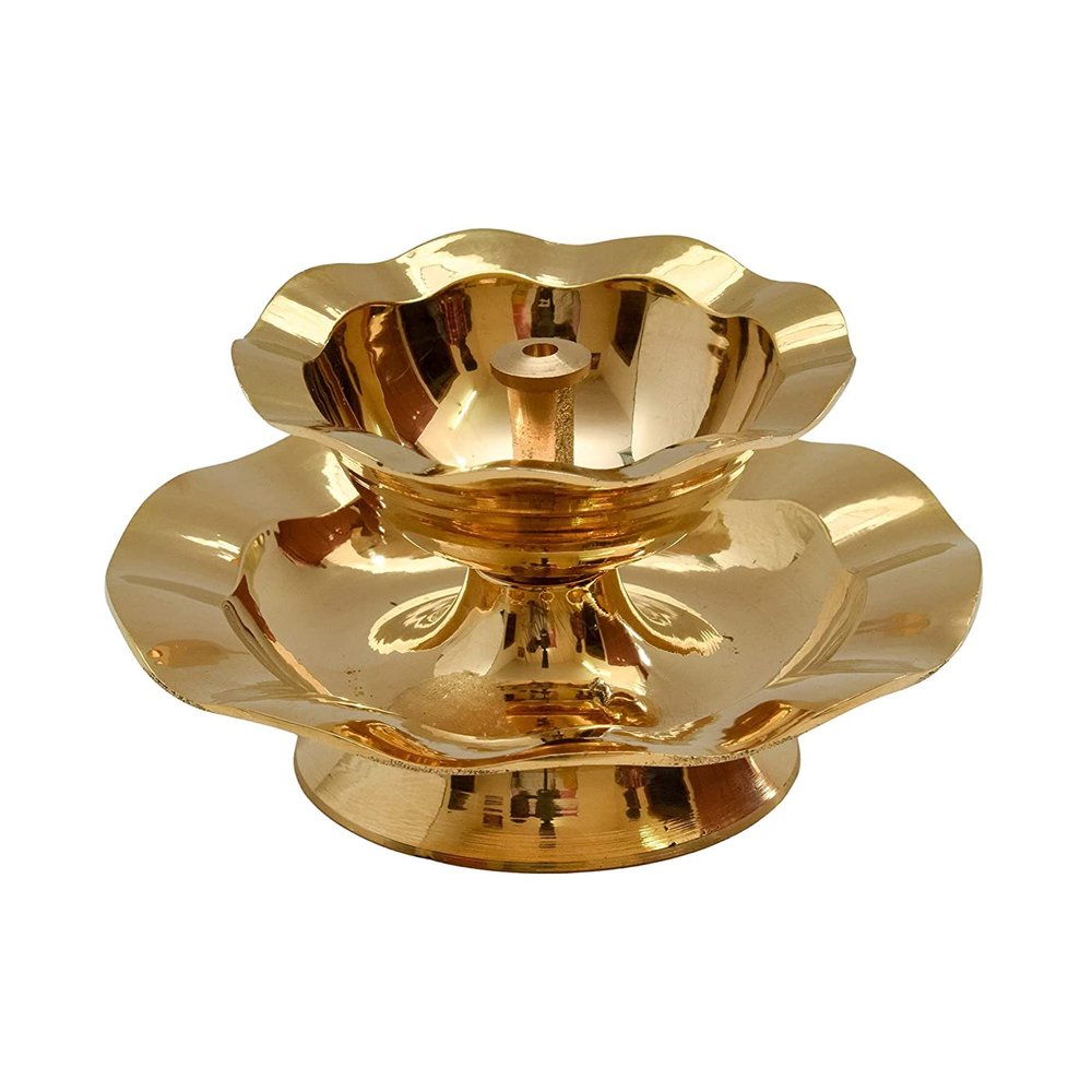Anjali Enterprises Brass Akhand Jyoth Table Diya, Plate Design, 2.3 inches, Brass, Pack of 1 pc