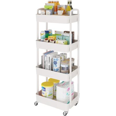 Laiensia 4-Tier Storage Carts,Multifunction Utility Rolling Cart Kitchen Storage Organizer,Mobile Shelving Unit Cart with Lockable Wheels for Bathroom,Laundry,Living Room,With Classified Sticker,White