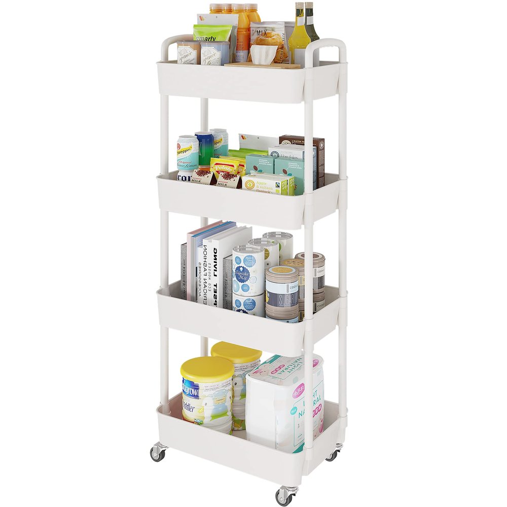 Laiensia 4-Tier Storage Carts,Multifunction Utility Rolling Cart Kitchen Storage Organizer,Mobile Shelving Unit Cart with Lockable Wheels for Bathroom,Laundry,Living Room,With Classified Sticker,White