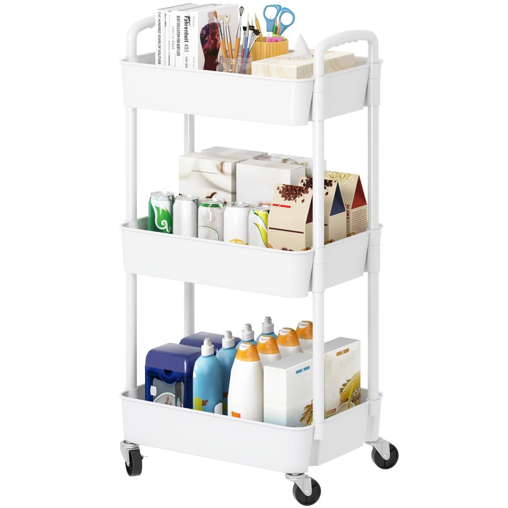 Laiensia 3-Tier Rolling Cart with Wheels,Multifunction Utility Storage Carts, Kitchen Storage Organizer,Mobile Shelving Unit for Bathroom,Laundry,with Classified Stickers,White
