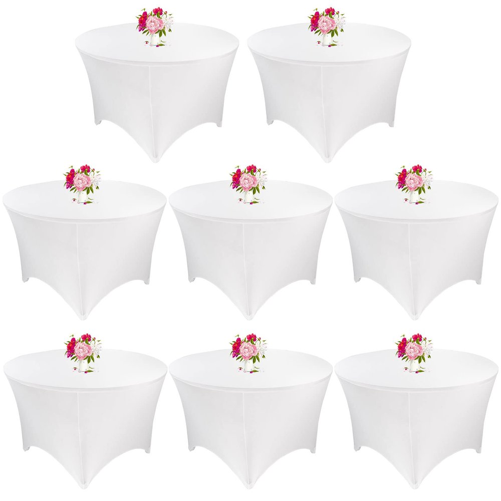 JALANCY 8 Pack 5FT Round Spandex Tablecloth 60 White Round Elastic Table Cover Washable Wrinkle Resistant Fitted Stretch Table Cover for Wedding Party Birthday Banquet Bar Events