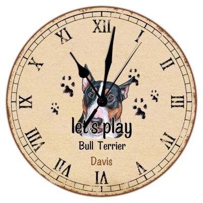 LetusZhogo Cute Dog Bull Terrier Round Wall Clock, Personalized Name Let's Play Silent Non Ticking Oil Painting Home Office School Decorative Clock Art 12 Inch