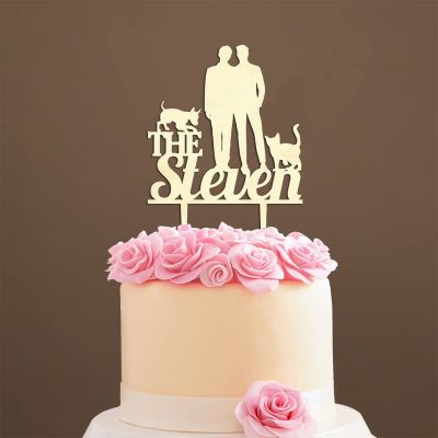 Bride And Groom Cake Topper with Pet, Wedding Mr & Mrs Cake Topper, Mirror Gold Acrylic Cake Topper for Wedding, Family Wedding Cake Topper, Anniversary Cake Toppers