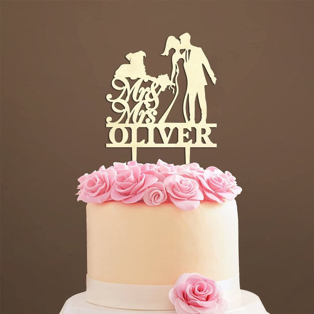 Wedding Cake Toppers with Pet, Mr & Mrs Rustic Wreath Couple's Names Cake Topper, Wood Cake Topper for Wedding, Custom Script Cake Toppers for Wedding, Beach Wedding Bridal Shower Decor