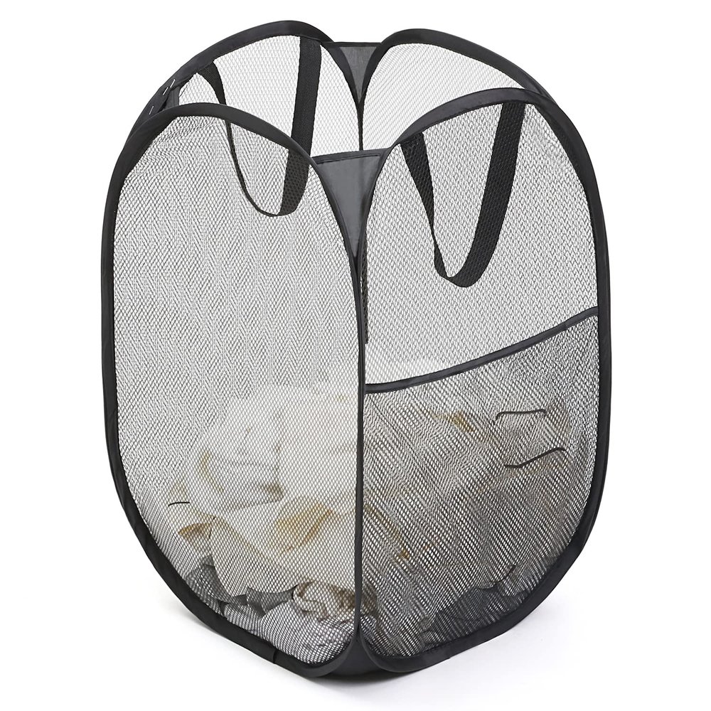 Astro 730-47 Laundry Basket, Black, Foldable, Mesh, Pop-up Laundry Bag, Laundry Basket with Handle