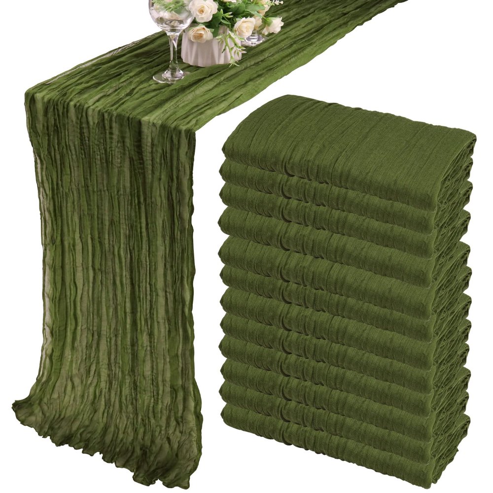 12 Pack 10Ft Cheesecloth Table Runner 35x120 Inch Boho Gauze Table Runner Rustic Cheese Cloth Long Romantic Table Runners for Wedding Bridal Shower Birthday Party Table Decor (Grass Green)