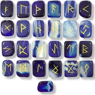 Arts Of India Stones Set | Crystal Viking Alphabet Elder futhark Wicca Norse Divination Gemstones (Blue Onyx)