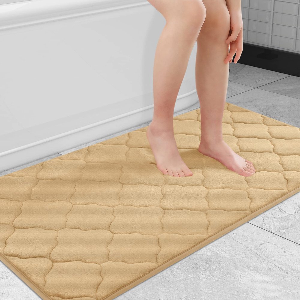 OLANLY Memory Foam Bath Mat Rug 47x24, Ultra Soft and Absorbent Bathroom Rugs, Non-Slip, Comfortable, Machine Washable Bath Carpet for Bathroom Floor, Tub, Shower and Home Decor Accessories, Beige